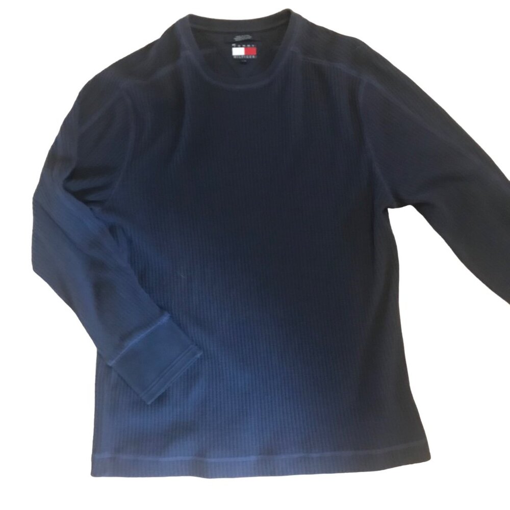 Tommy Hilfiger Sweater Mens Lg Navy Blue Ribbed Long Sleeve Crew Neck Classic
